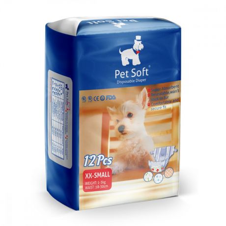 Подгузники PET SOFT Diaper, 3 цвета в упаковке, одноразовые, размер XXS, 1-3кг, 12шт