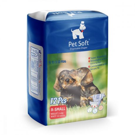 Подгузники PET SOFT Diaper, 3 цвета в упаковке, одноразовые, размер XS, 2-4кг, 12шт