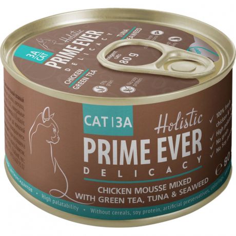 Корм для кошек Prime Ever 3A Delicacy Мусс цыпленок с тунцом, зеленым чаем и водорослями конс. 80г