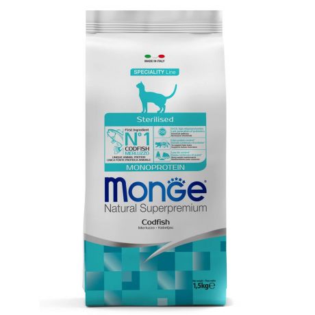 Корм для кошек Monge Cat Speciality Line Monoprotein Sterilised для стерилизованных, треска, сух. 1,5кг