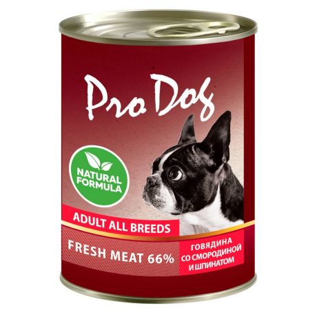 Корм для собак PRO DOG говядина, красная смородина, шпинат банка 400г