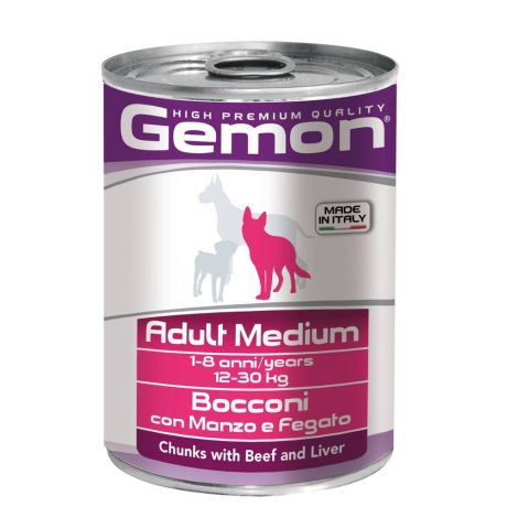 Корм для собак Gemon Medium для средних пород, кусочки говядины с печенью банка 415г
