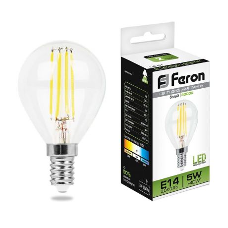 Лампа светодиодная FERON филамент, 5Вт, E14, шар, 2700K