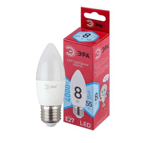 Лампа светодиодная ЭРА LED, 8Вт, E27, свеча, матовая, дневной свет