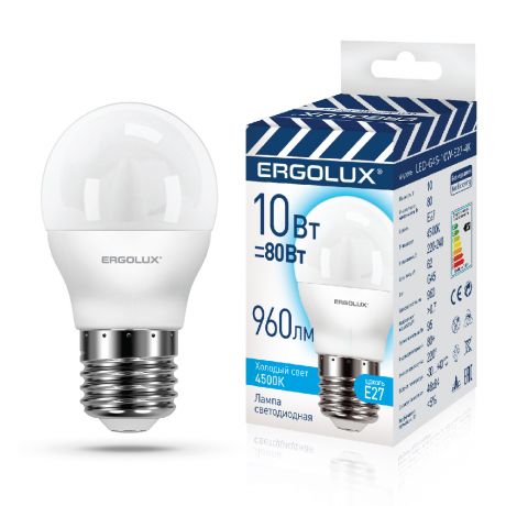 Лампа светодиодная ERGOLUX, E27, шар, G45, 10Вт, 4500K, 220-240В