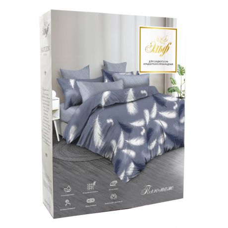Комплект постельного белья De Luxe 1,5-сп, сатин: под 143х215см, прост 143х215см, нав 70х70см 2шт, 100%хл, 115г/м2, Плюмаж