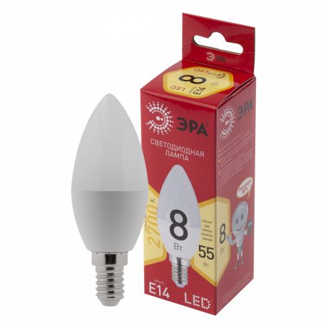 Лампа светодиодная ЭРА LED, 8Вт, E14, свеча, матовая, теплый свет
