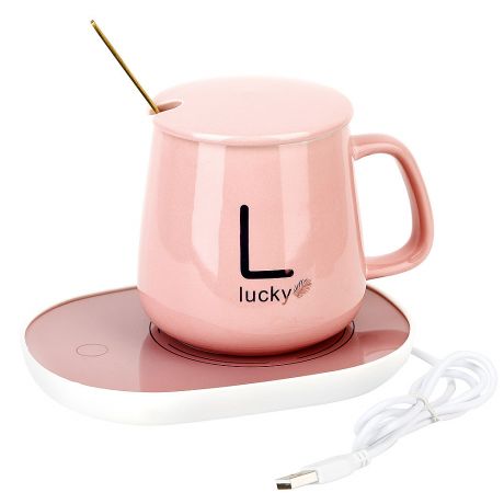 Пара чайная с ложкой Lucky с подогревом, розовая, 440 мл, фарфор