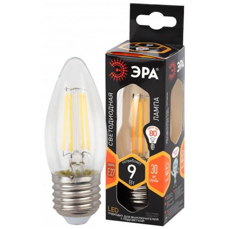 Лампа светодиодная ЭРА филамент, E27, 9Вт, теплый свет, свеча, прозрачная