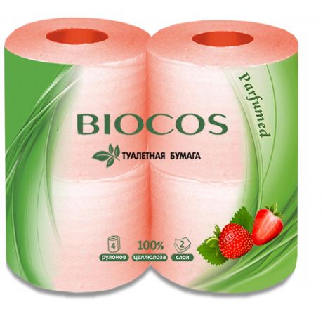 Туалетная бумага Biocos, розовая, с ароматом клубники, 2 слоя, 4 рулона
