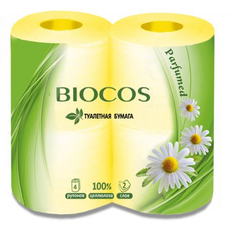 Туалетная бумага Biocos, желтая, с ароматом ромашки, 2 слоя, 4 рулона