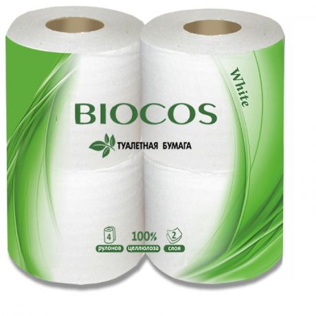 Туалетная бумага Biocos, белая, 2 слоя, 4 рулона