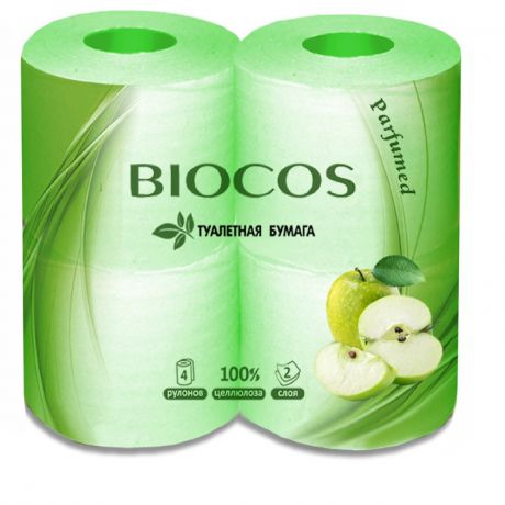 Бумага туалетная Biocos с ароматом яблока, 2 слоя, 4 рулона