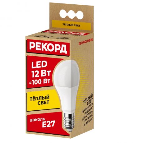Лампа светодиодная РЕКОРД LED А60, 12Вт, Е27, 3000К