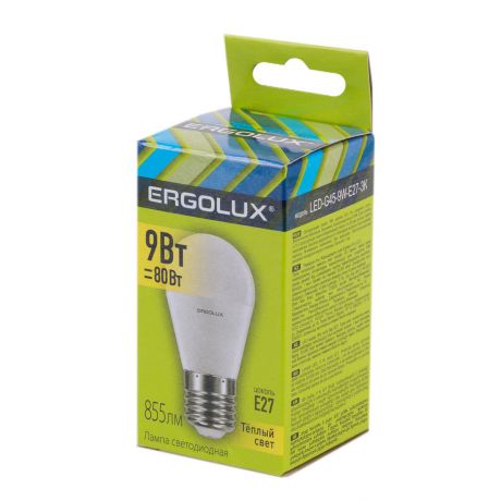 Лампа светодиодная ERGOLUX LED, 9Вт, E27, 3000K, 172-265В, шар