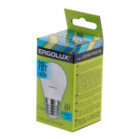 Лампа светодиодная ERGOLUX LED, 7Вт, E27, 4500K, 172-265В, шар