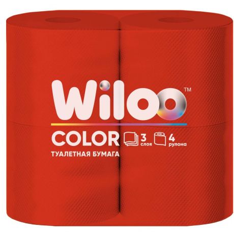 Бумага туалетная Wiloo, 3 слоя, красная, 4 шт