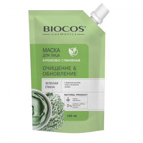 Маска для лица Biocos на основе зеленой глины Очищение и Обновление, дойпак, 100мл