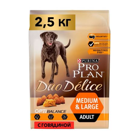 Pro Plan ® Duo Delice сухой корм для взрослых собак средних и крупных пород, с высоким содержанием говядины, 2,5 кг