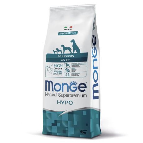 Monge All Breeds Hypoallergenic корм для взрослых собак, склонных к аллергическим реакциям и расстройствам пищеварения, с лососем и тунцом, 12 кг