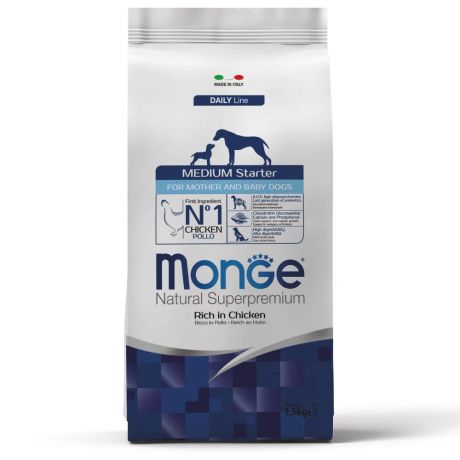 Monge Medium Starter for Mother and Baby корм для щенков средних пород (с 3-х недель), беременных и кормящих собак, с курицей, 1,5 кг