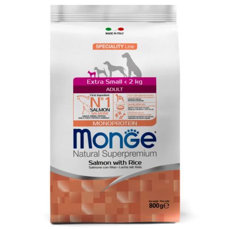 Monge Extra Small Adult корм для взрослых собак миниатюрных пород, с лососем ирисом, 800 г