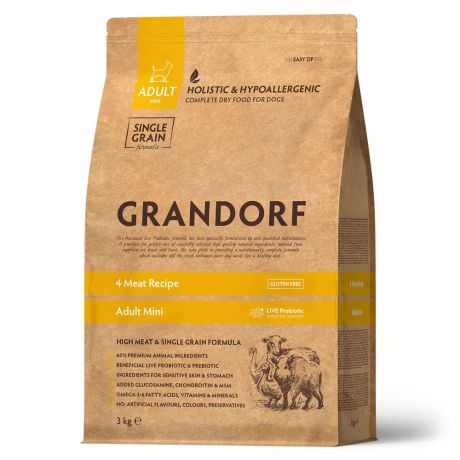 Grandorf Сухой корм для взрослых собак мелких пород, четыре вида мяса, 3 кг