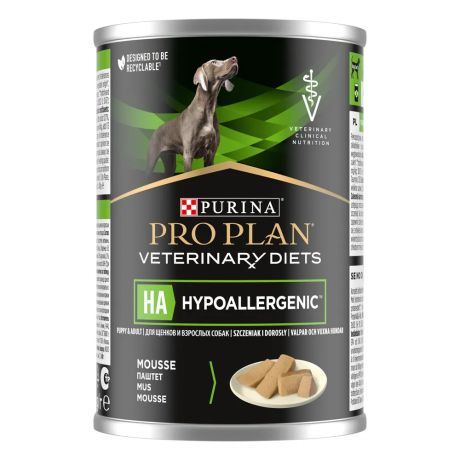 Purina Veterinary Diets HA Hypoallergenic влажный корм для щенков и взрослых собак для снижения пищевой непереносимости ингредиентов и питательных веществ, паштет, 400 г