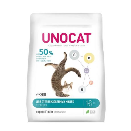 UnoCat Корм сухой для взрослых стерилизованных кошек с цыпленком, лососем и рисом, 300 г