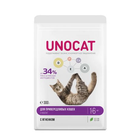 UnoCat Корм сухой для взрослых привередливых кошек с ягненком, 300 г