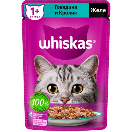 Whiskas Влажный корм для кошек, желе с говядиной и кроликом, 75 г