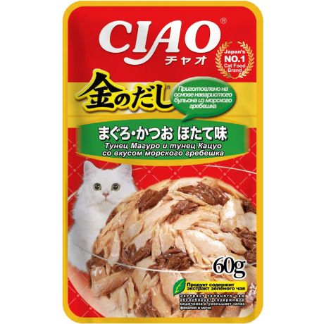 INABA CIAO Влажный корм для кошек Тунец Магуро и тунец Кацуо со вкусом морскогогребешка 60 г
