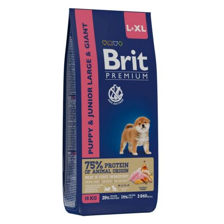 Brit Premium Dog Puppy and Junior Large and Giant с курицей для щенков и молодых собак крупных и гигантских пород, 15 кг