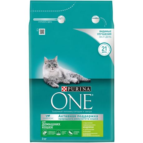 Purina One Housecat сухой корм для взрослых кошек при домашнем образе жизни с индейкой и цельными злаками, 3 кг