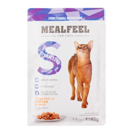 Mealfeel консервированный корм для стерилизованных кошек курица в соусе с цельными кусочками филе для контроля веса