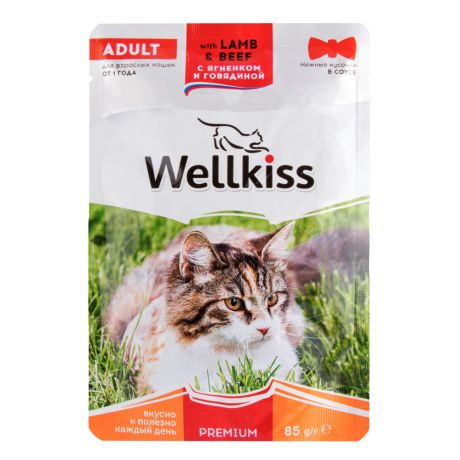 Wellkiss Adult влажный корм для взрослых кошек с ягненком и говядиной в соусе, 85 г