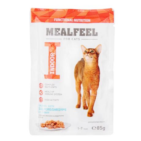 Mealfeel консервированный корм для взрослых кошек лосось и креветки в соусе с кусочками куриного филе