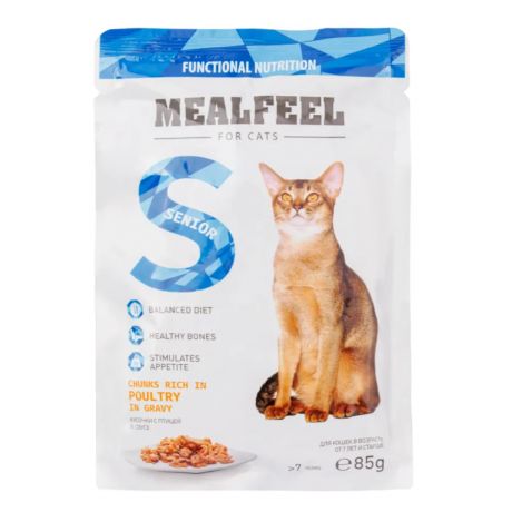 Mealfeel консервированный корм для кошек старше 7 лет кусочки с домашней птицей в соусе