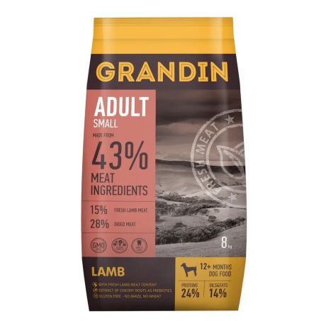 Grandin Сухой корм для взрослых собак мелких пород с ягненком, 8 кг