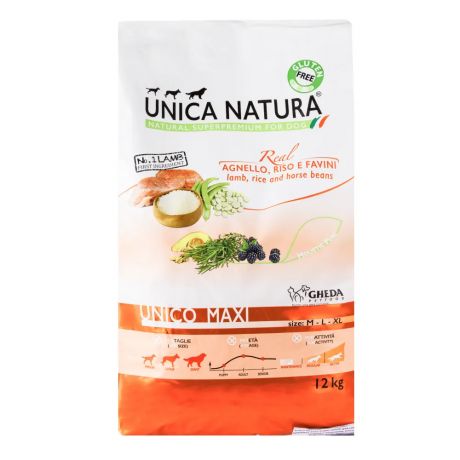 UNICA Maxi сухой корм для собак крупных пород с ягненком, рисом и бобами, 12 кг