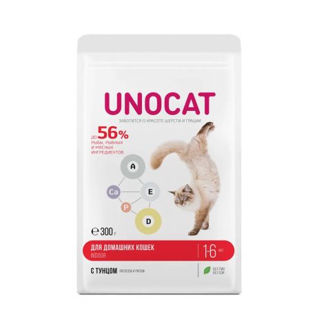 UnoCat Корм сухой для взрослых домашних кошек с тунцом, лососем и рисом, 300 г