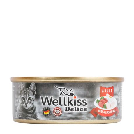 Wellkiss Консервы для кошек говядина с льняным маслом, 100 г