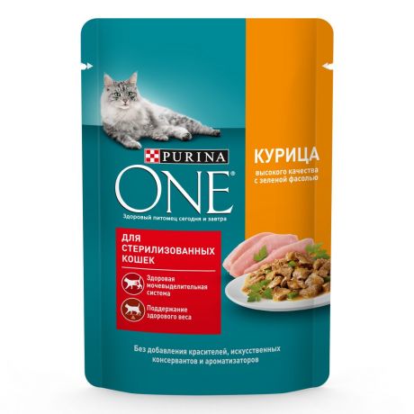 Purina One Sterilised влажный корм для взрослых кошек для стерилизованных с курицей и зеленой фасолью, в соусе, 75 г