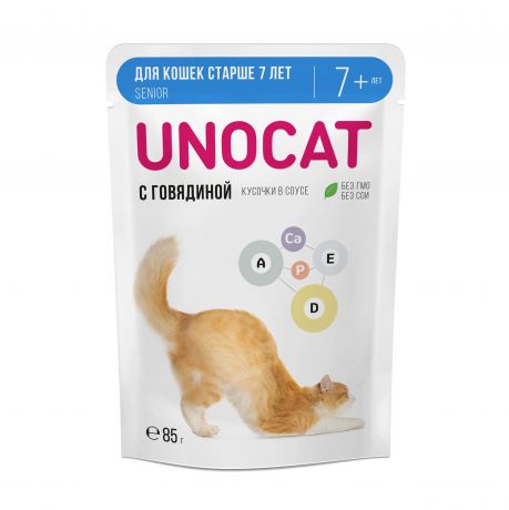 UnoCat Влажный корм для кошек старше 7 лет нежные кусочки с говядиной в соусе, 85гр