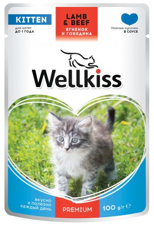 Wellkiss Kitten влажный корм для котят, с ягненком и говядиной в соусе, 100 г