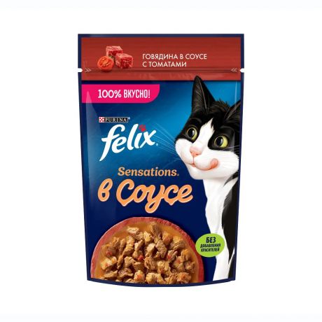 Felix Sensations корм влажный для кошек Говядина с томатами в соусе, 75г