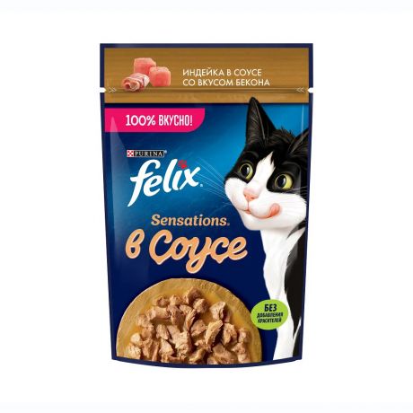 Felix Sensations корм влажный для кошек Индейка со вкусом бекона в соусе, 75г