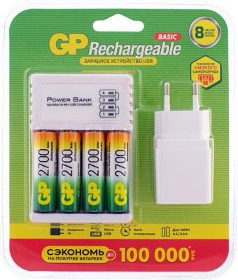 Зарядное устройство с аккумуляторами GP 4 акк 2700mAh АА адаптер micro USB кабель GP GP270AAHC/CPBA-2CR4