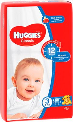 Подгузники Huggies Classic/Soft&Dry Дышащие 3 размер (4-9кг) 58 шт