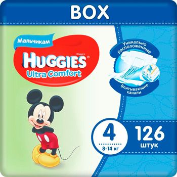 Подгузники Huggies Ultra Comfort 4 разм (8-14 кг) M (Maxi) Disney Box (42*3) 126 шт. Д/МАЛЬЧ